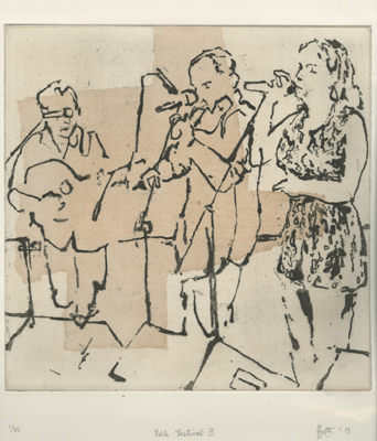 Aquatint and sugar-lift etching of Dan&uacute; at Cambridge Folk Festival