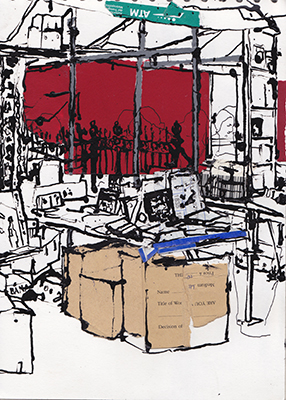 Ink and collage drawing of a bookstall made in Cambridge market