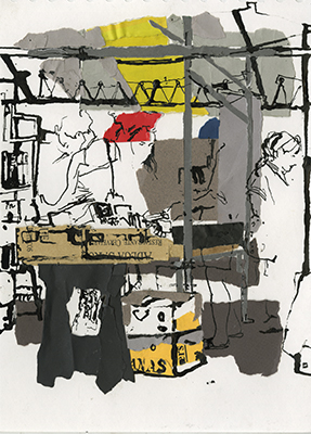 Ink and collage drawing of Paul's bookstall at Cambridge market