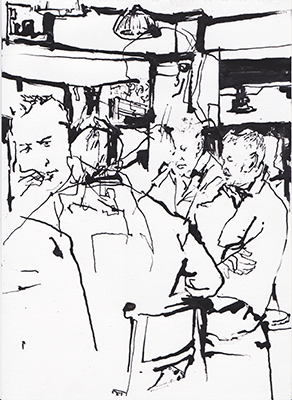 Ink drawing made in Mulligan's of Poolbeg Street pub, Dublin