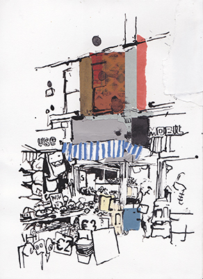 Ink and collage drawing made on Moore Street, Dublin
