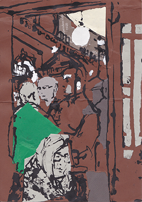 Ink and collage drawing made in The Palace Bar, Dublin