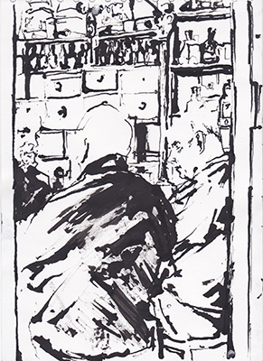 Ink drawing made in Kehoes pub, South Anne Street, Dublin