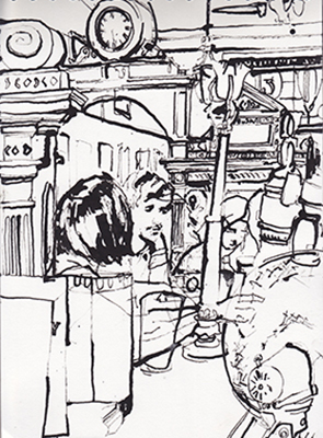 Ink drawing made in The Long Hall pub, Dublin