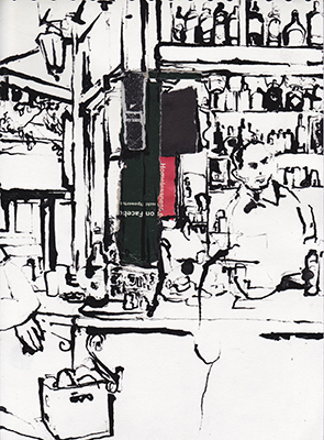 Ink and collage drawing of the bar at the Quiosque do Carmo, Largo do Carmo, Lisbon