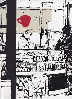 Collage drawing of Freerico in the Mercado da Ribeira market caf&eacute;, Lisbon