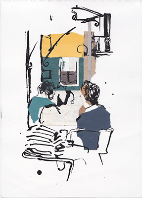 Ink and collage drawing made at Pra&ccedil;a das Flores, Lisbon