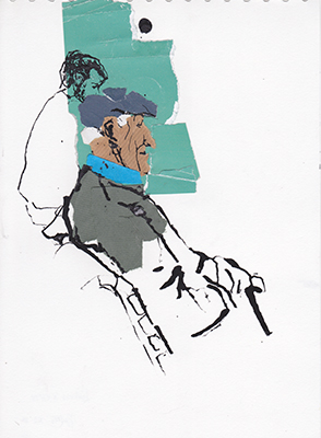 Ink and collage drawing of an old man made at Largo da Gra&ccedil;a, Lisbon 