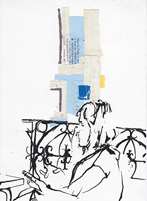 Ink and collage drawing of a woman at the Quiosue Refresco, Pra&ccedil;a Lu&iacute;s de Cam&otilde;es, Lisbon 