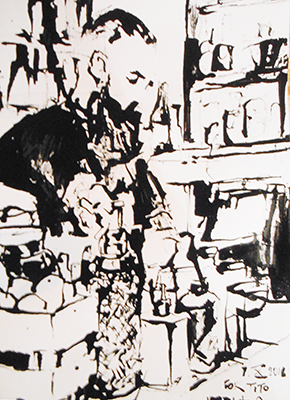 Ink drawing of Tito mixing cocktails at A Tabacaria bar, Lisbon