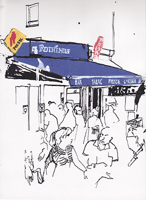 Ink  and collage drawing made at Bar Le Roth&eacute;neuf, Saint Malo
