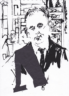 Ink drawing of Diego in Bar El Rinconcillo, Seville